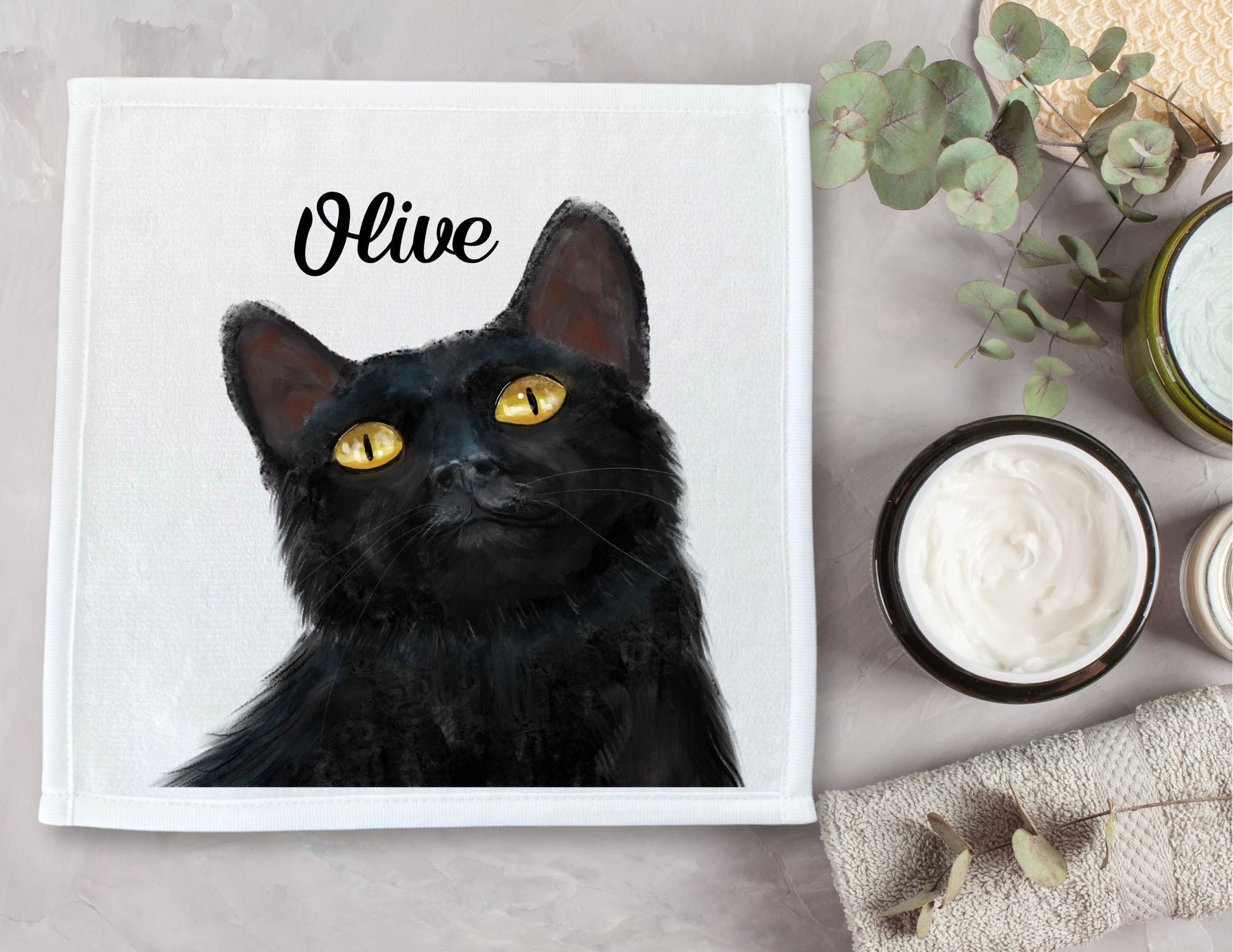 Black Cat Portrait Washcloth - MerikaArt
