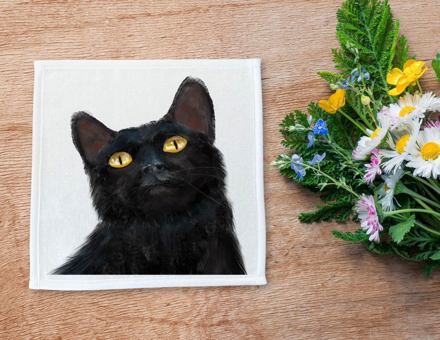 Black Cat Portrait Washcloth - MerikaArt