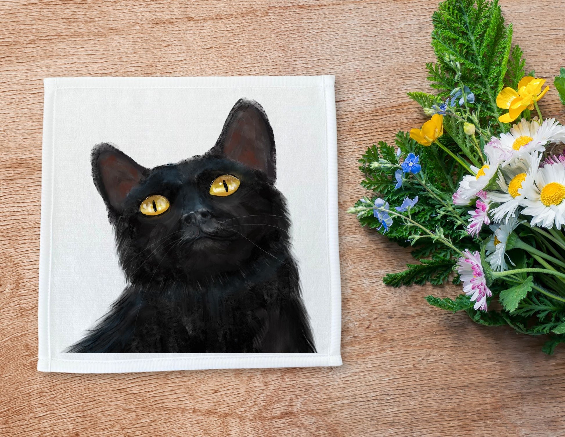 Black Cat Portrait Washcloth - MerikaArt