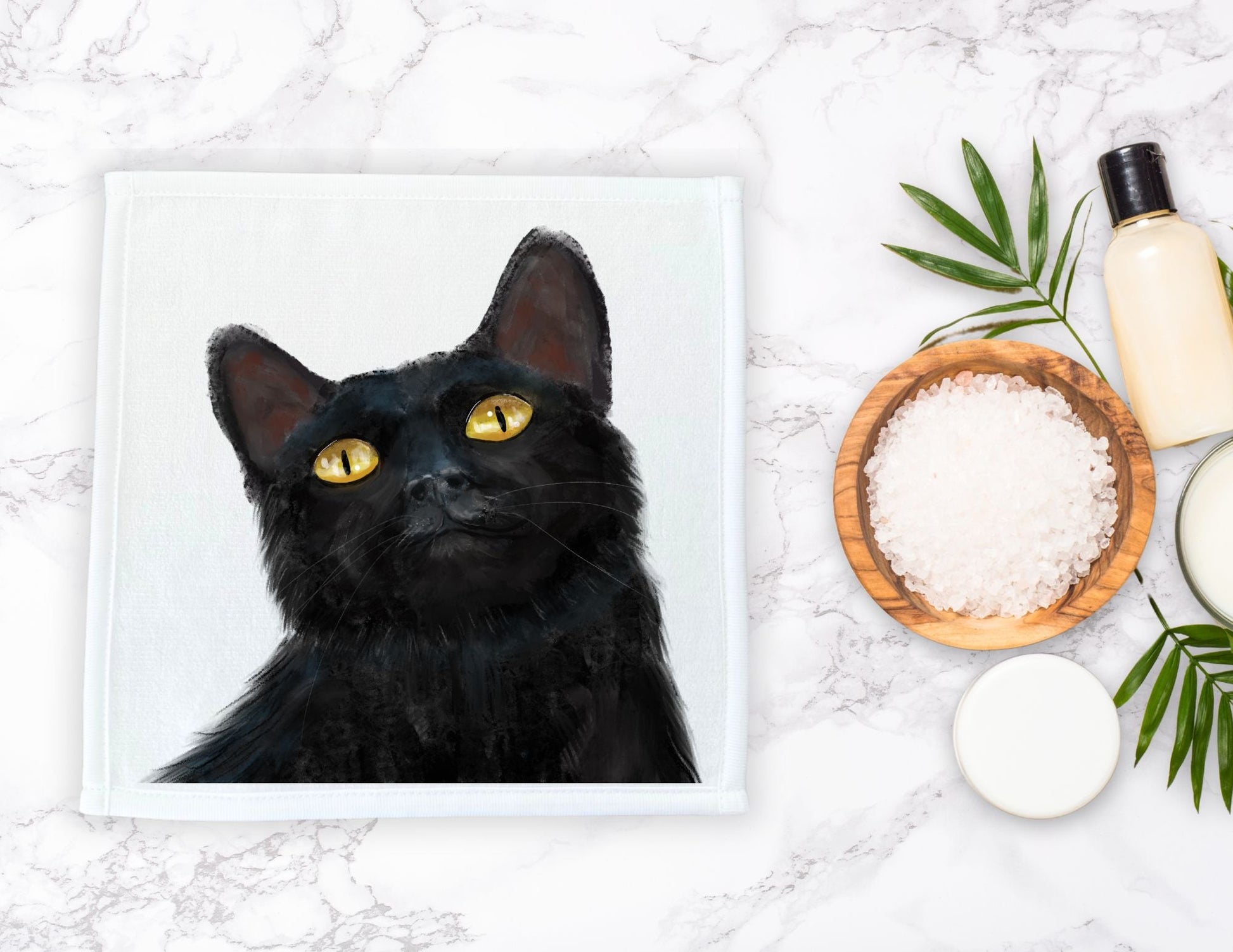 Black Cat Portrait Washcloth - MerikaArt