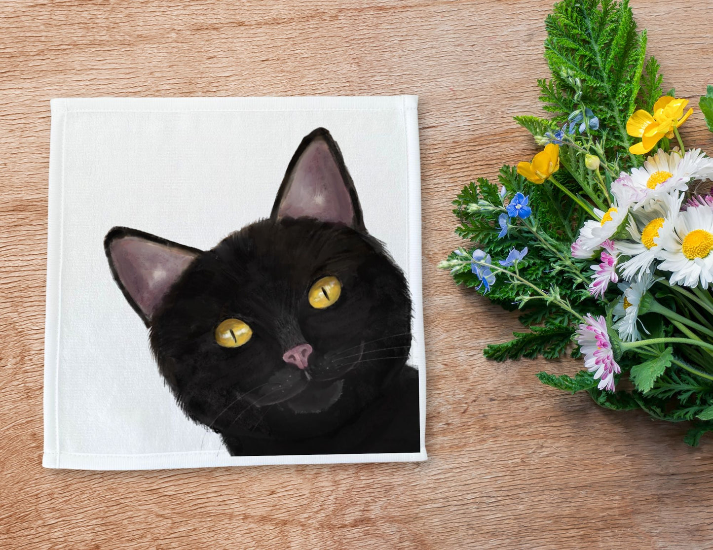 Black Cat Portrait Washcloth - MerikaArt