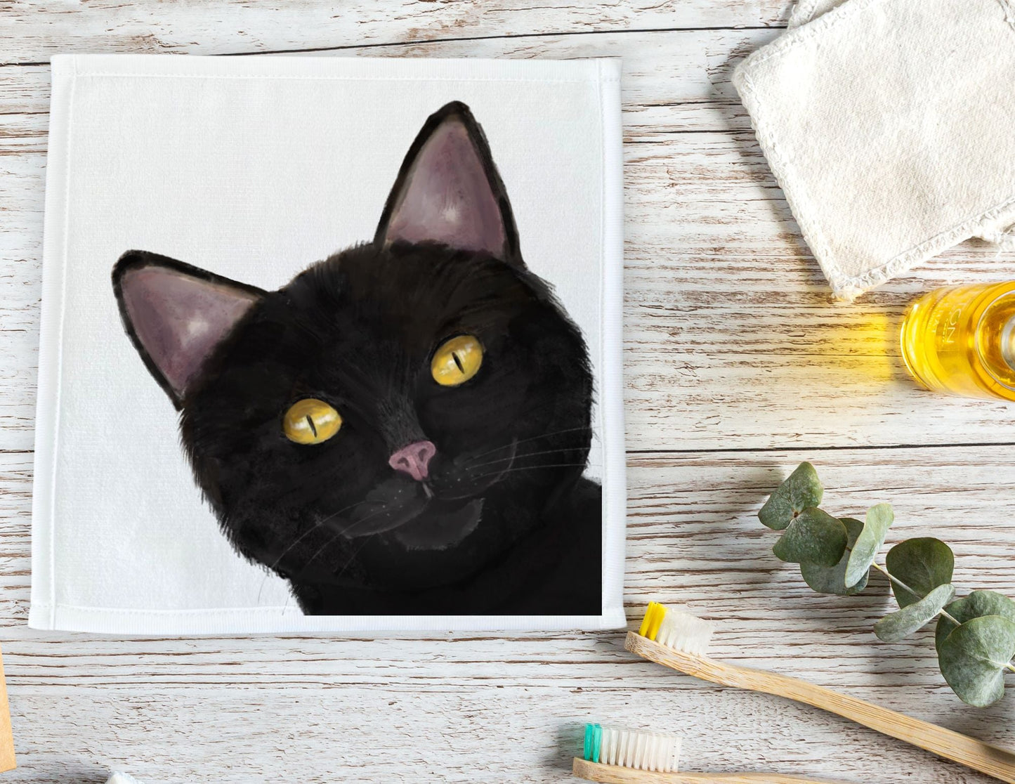 Black Cat Portrait Washcloth - MerikaArt
