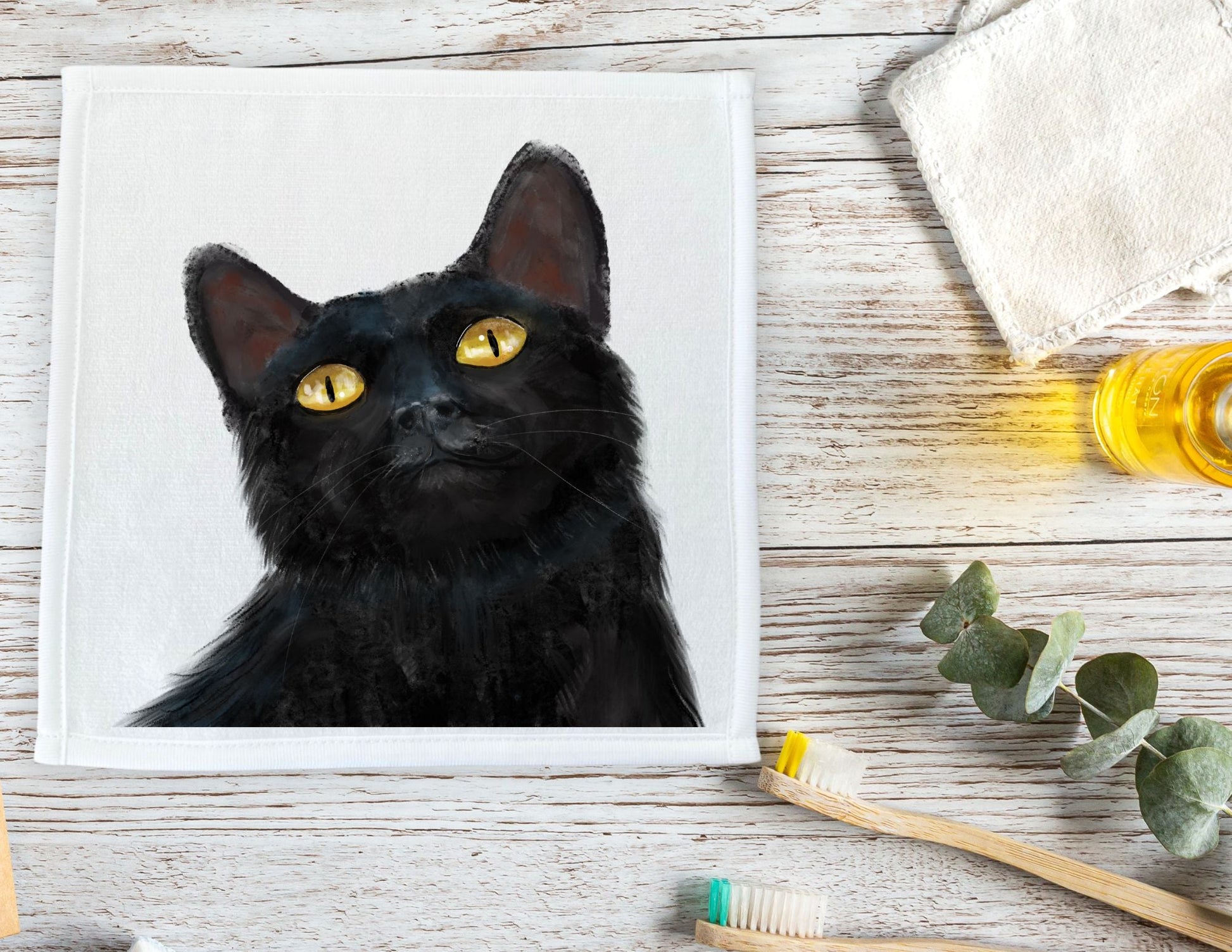 Black Cat Portrait Washcloth - MerikaArt