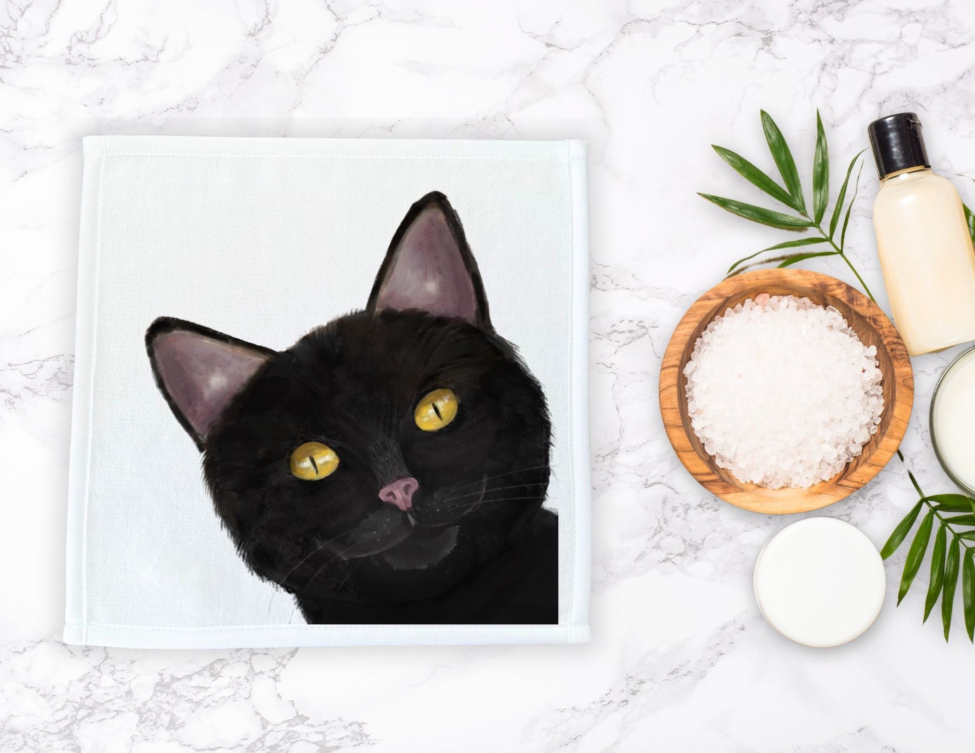 Black Cat Portrait Washcloth - MerikaArt
