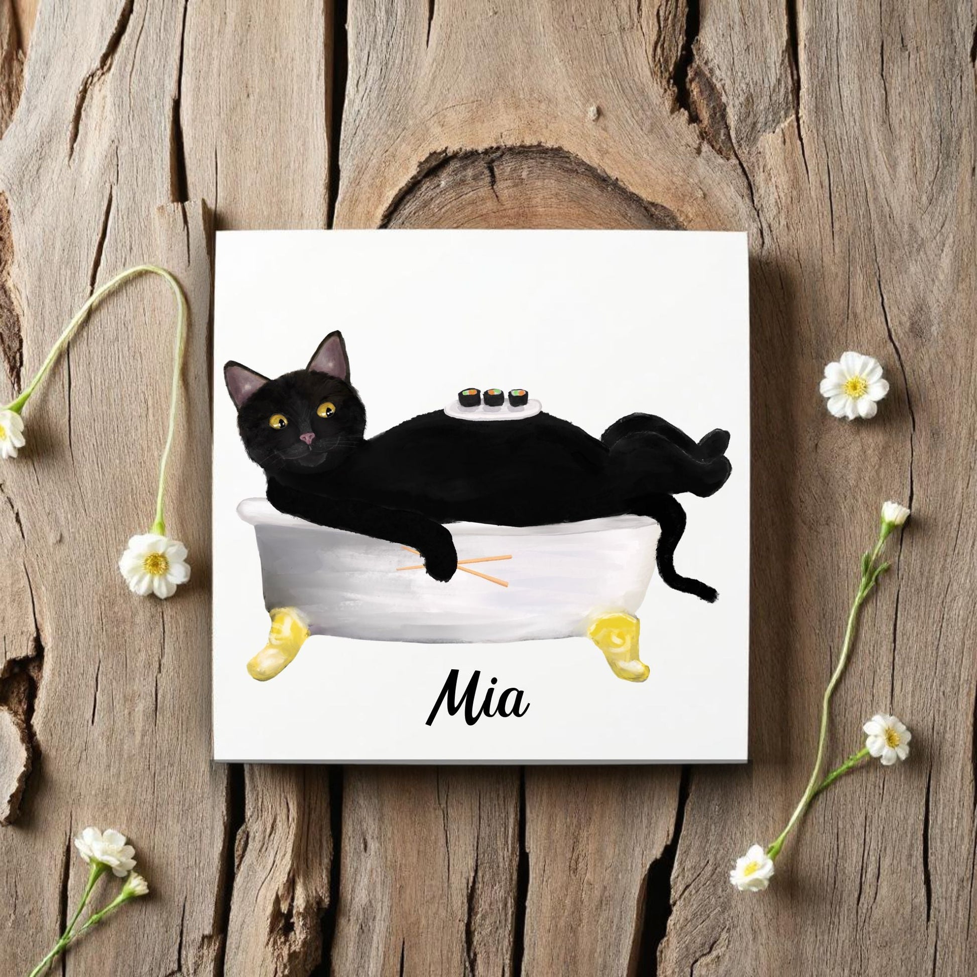 Black Cat Sushi Bath Ceramic Tile – Handcrafted Whimsical Decor - MerikaArt