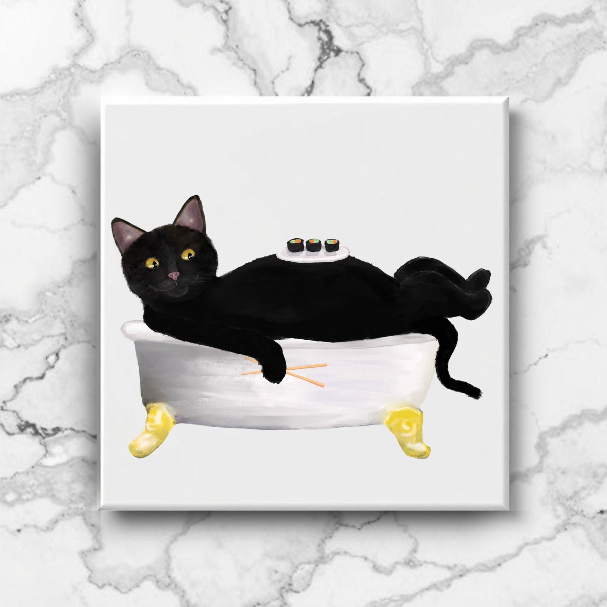 Black Cat Sushi Bath Ceramic Tile – Handcrafted Whimsical Decor - MerikaArt