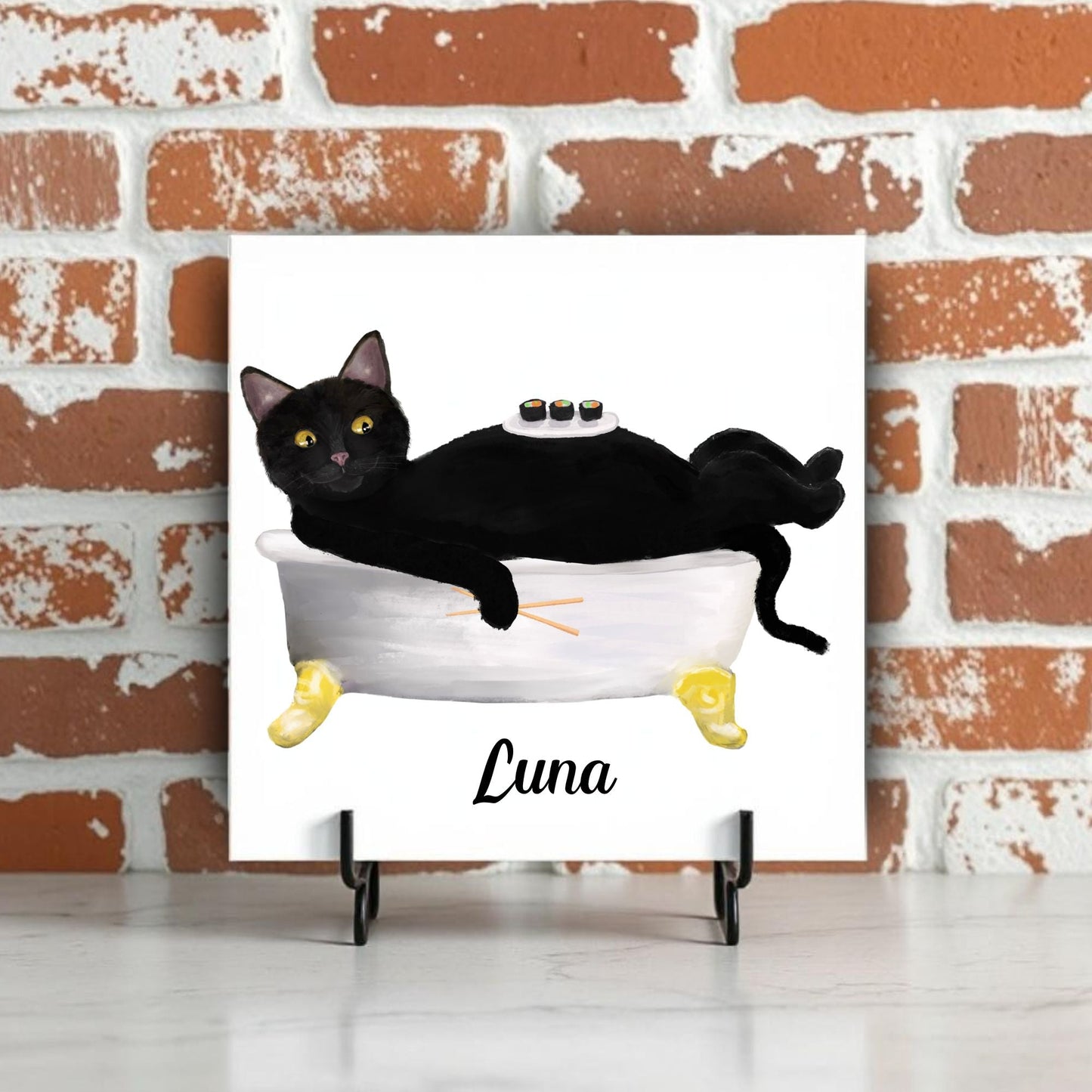 Black Cat Sushi Bath Ceramic Tile – Handcrafted Whimsical Decor - MerikaArt