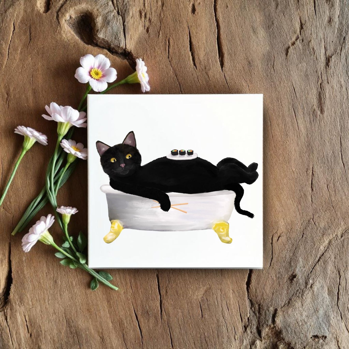 Black Cat Sushi Bath Ceramic Tile – Handcrafted Whimsical Decor - MerikaArt