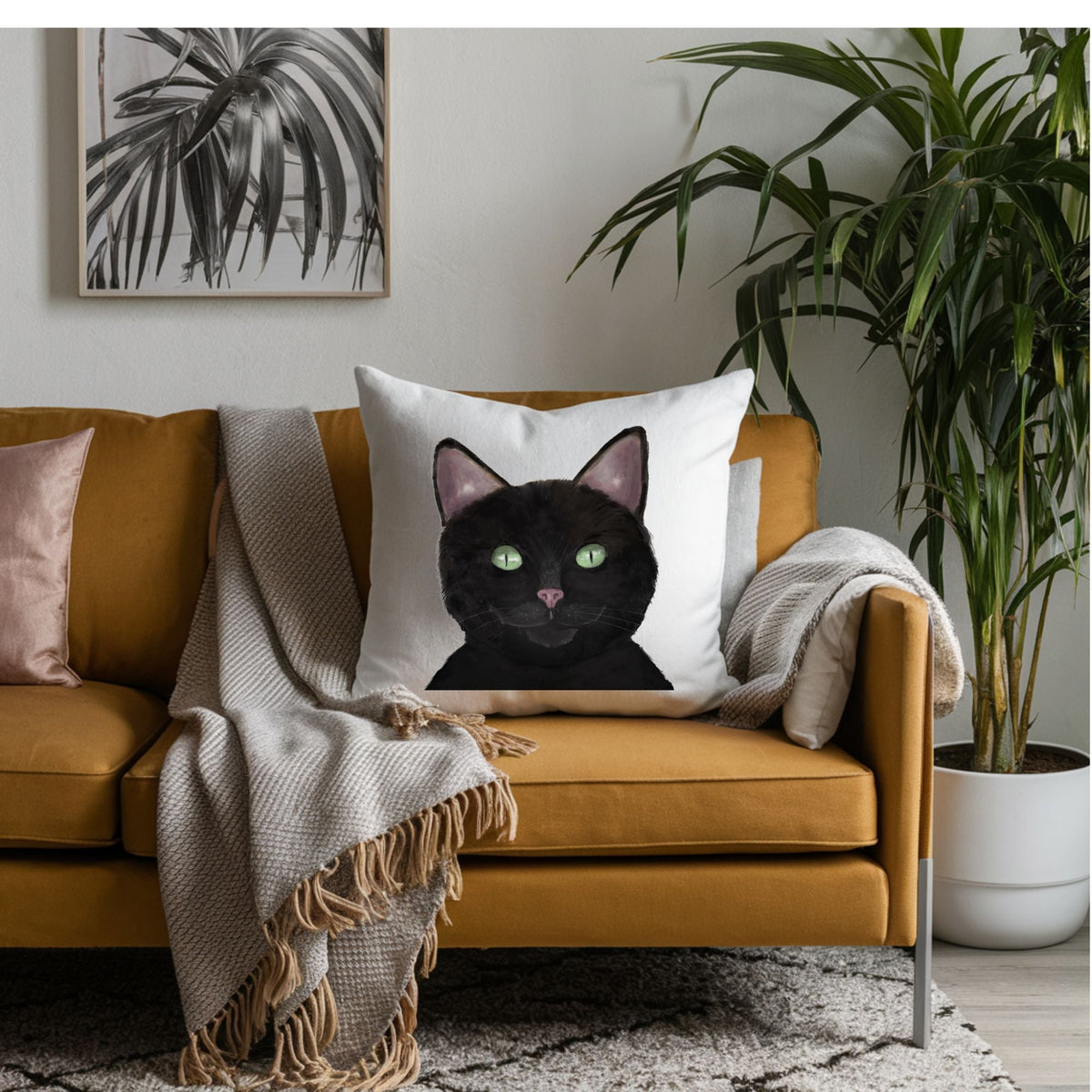 Black Cat Throw Pillow - MerikaArt