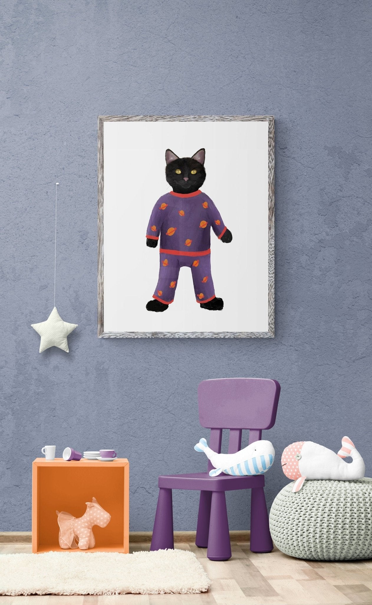 Black Cat Wearing Pajamas Print - MerikaArt