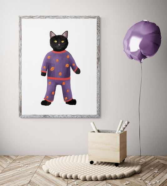 Black Cat Wearing Pajamas Print - MerikaArt