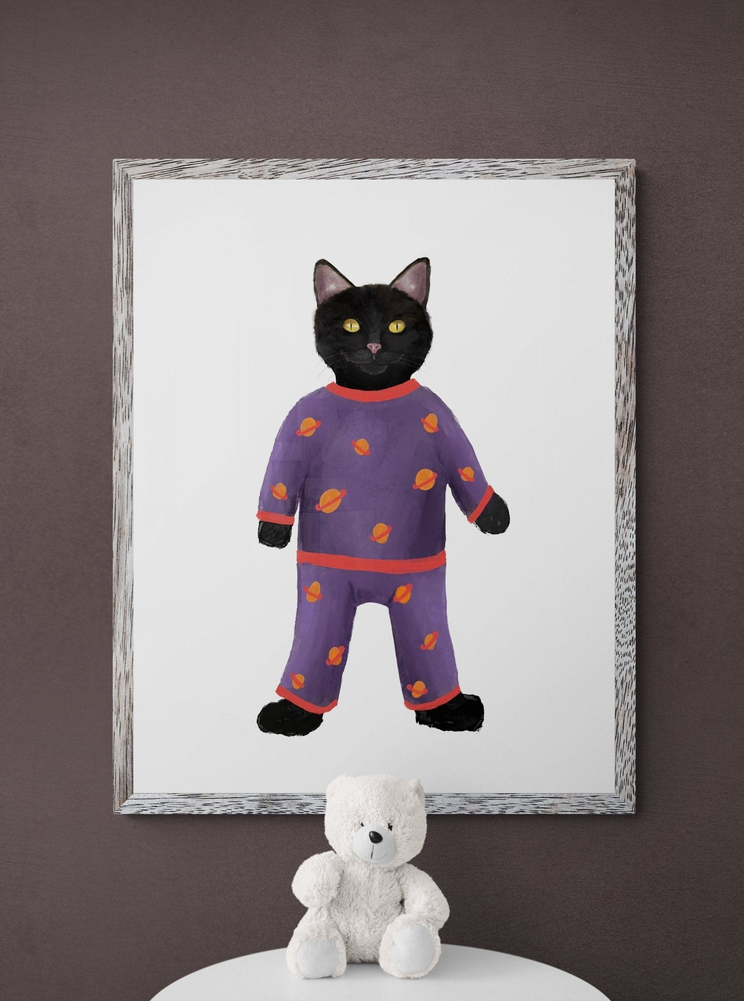 Black Cat Wearing Pajamas Print - MerikaArt