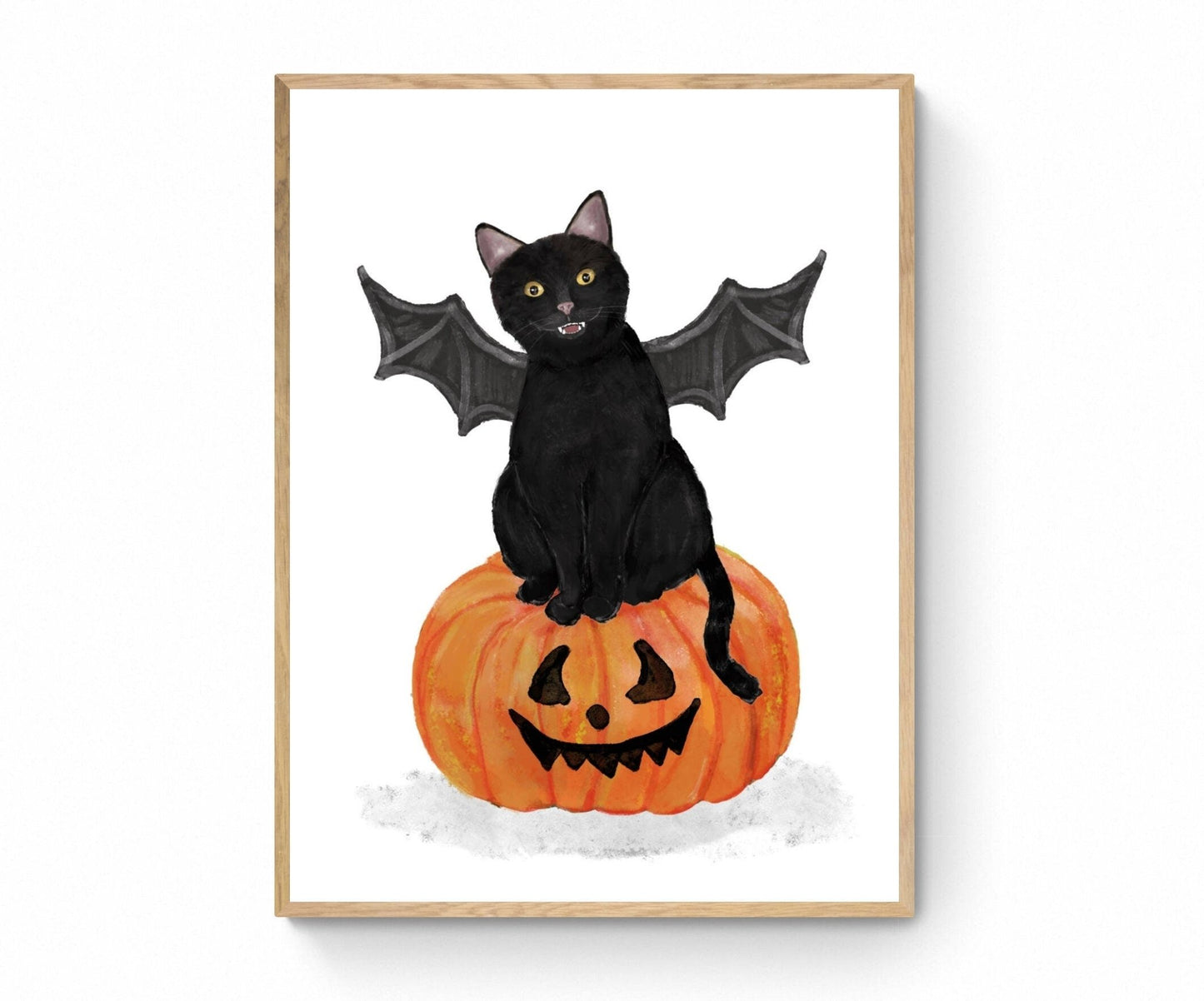 Black Cat with Fangs and Wings on Pumpkin Print, Halloween Cat Painting, Black Cat Portrait, Holiday Wall Art, Black Cat With Big Eyes - MerikaArt