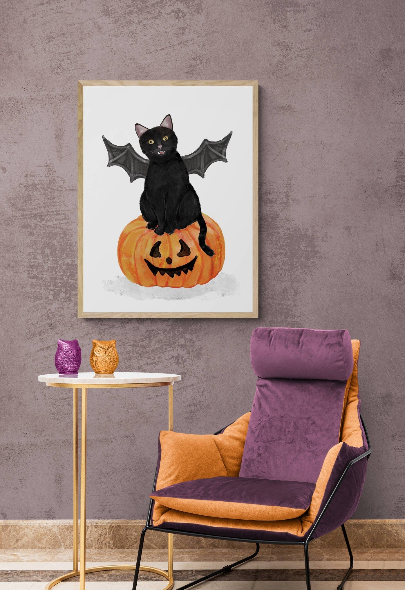 Black Cat with Fangs and Wings on Pumpkin Print, Halloween Cat Painting, Black Cat Portrait, Holiday Wall Art, Black Cat With Big Eyes - MerikaArt