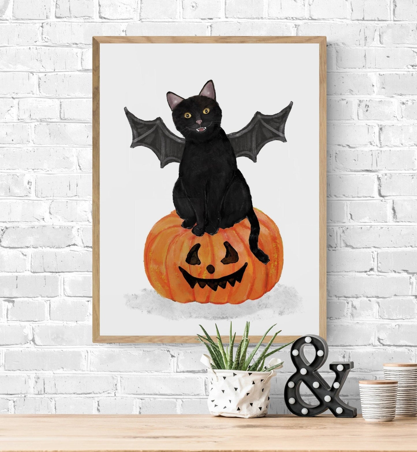 Black Cat with Fangs and Wings on Pumpkin Print, Halloween Cat Painting, Black Cat Portrait, Holiday Wall Art, Black Cat With Big Eyes - MerikaArt