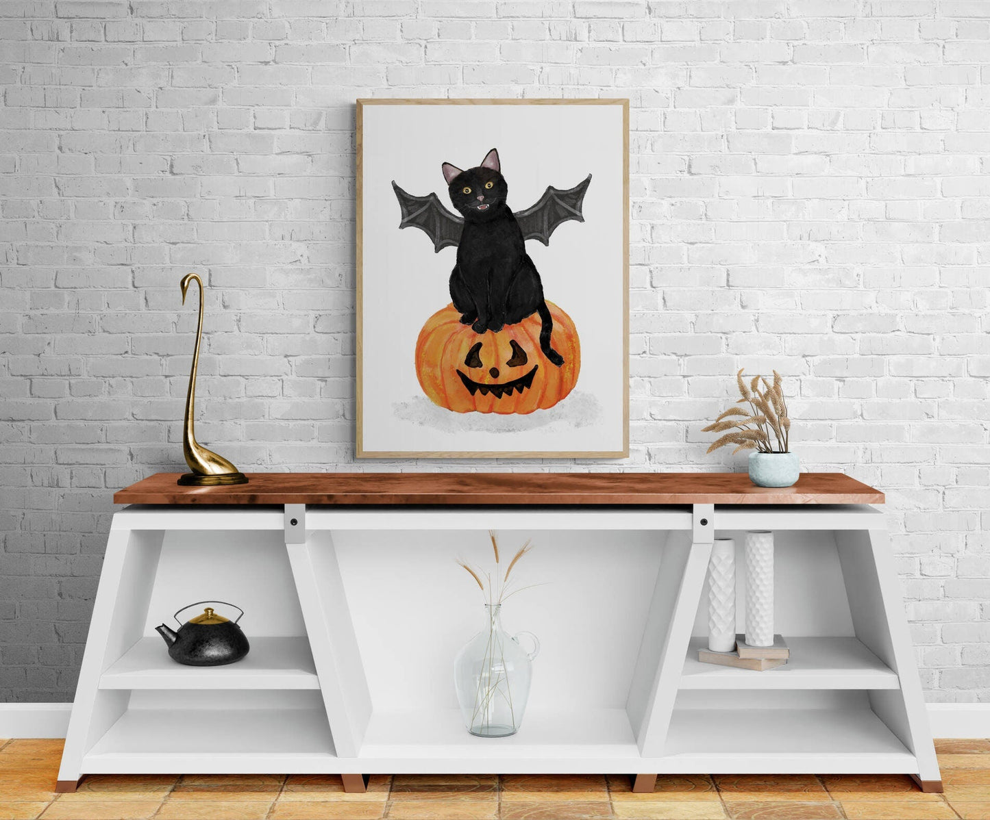 Black Cat with Fangs and Wings on Pumpkin Print, Halloween Cat Painting, Black Cat Portrait, Holiday Wall Art, Black Cat With Big Eyes - MerikaArt