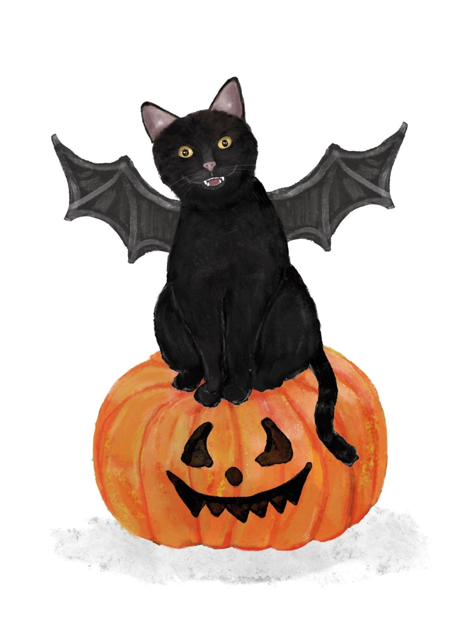 Black Cat with Fangs and Wings on Pumpkin Print, Halloween Cat Painting, Black Cat Portrait, Holiday Wall Art, Black Cat With Big Eyes - MerikaArt