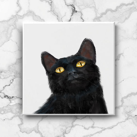 Black Cat with Golden Eyes Ceramic Tile - MerikaArt