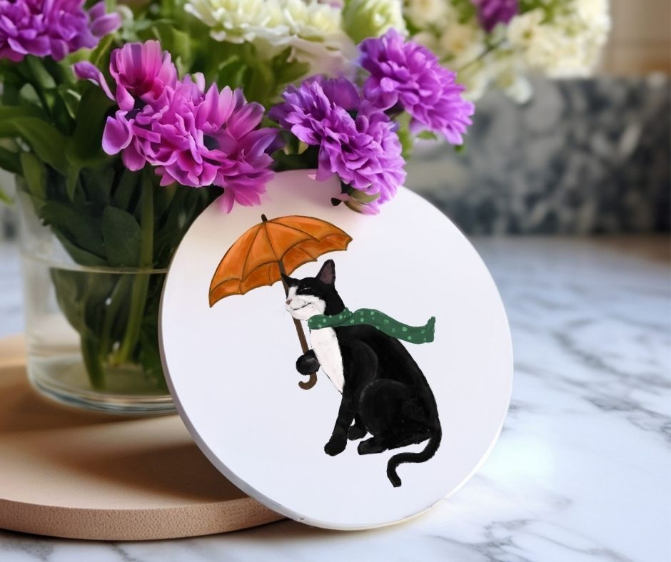 Black Cat with Orange Umbrella Ceramic Coaster - MerikaArt