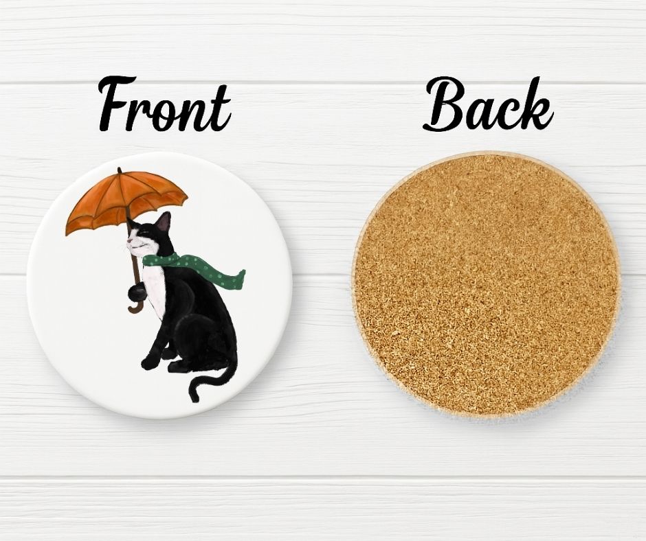 Black Cat with Orange Umbrella Ceramic Coaster - MerikaArt