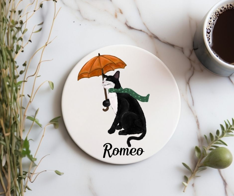 Black Cat with Orange Umbrella Ceramic Coaster - MerikaArt