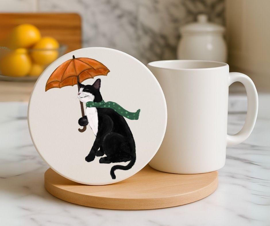 Black Cat with Orange Umbrella Ceramic Coaster - MerikaArt