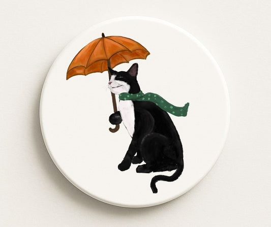 Black Cat with Orange Umbrella Ceramic Coaster - MerikaArt