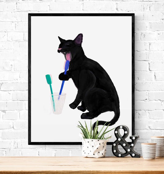 Black Cat with Toothbrush – Fun Cat Art Print for Bathroom Decor - MerikaArt