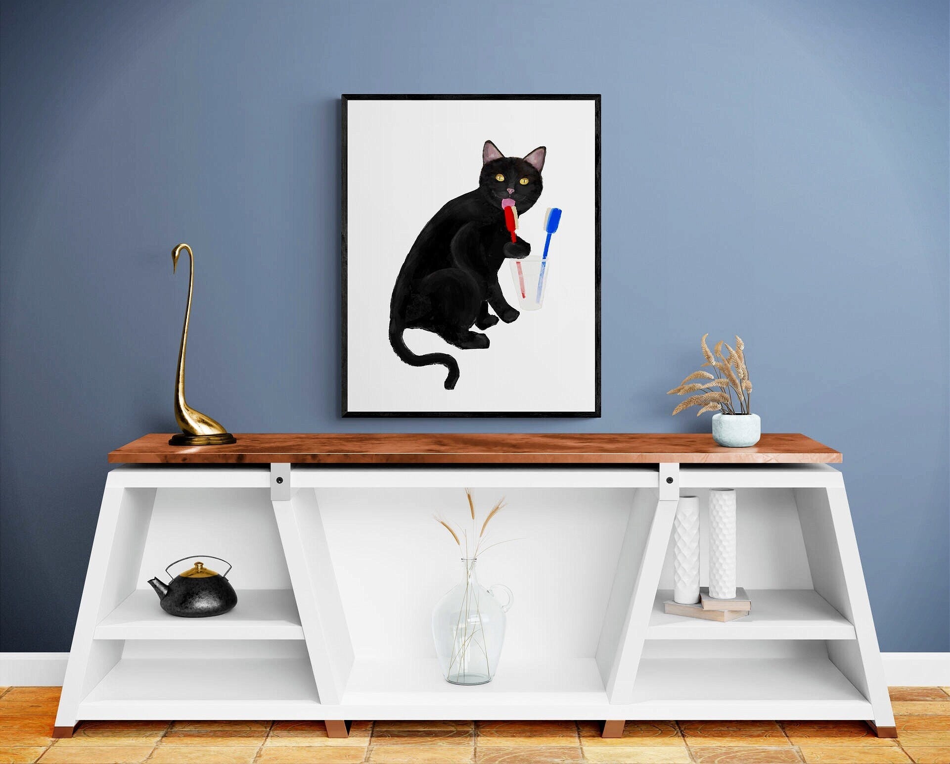 Black Cat with Toothbrushes – Fun Bathroom Cat Art Print - MerikaArt