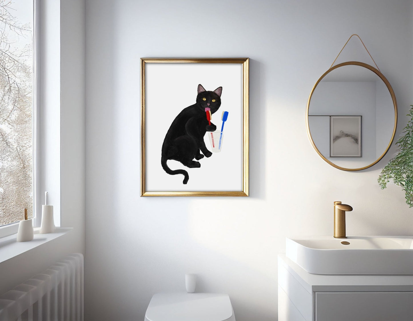 Black Cat with Toothbrushes – Fun Bathroom Cat Art Print - MerikaArt