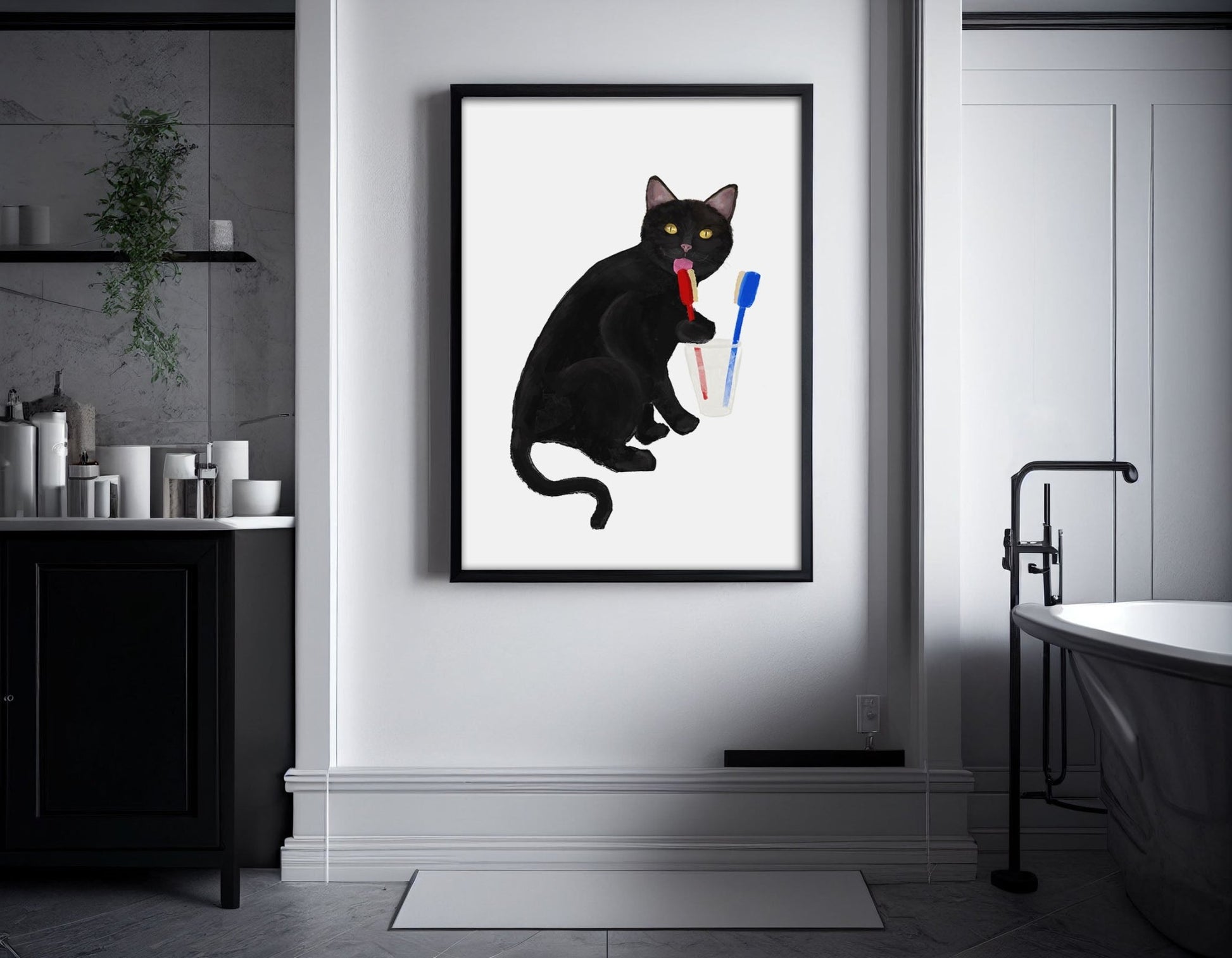 Black Cat with Toothbrushes – Fun Bathroom Cat Art Print - MerikaArt