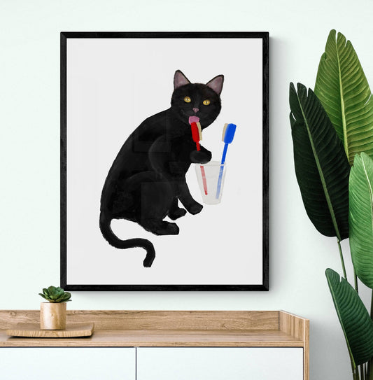 Black Cat with Toothbrushes – Fun Bathroom Cat Art Print - MerikaArt