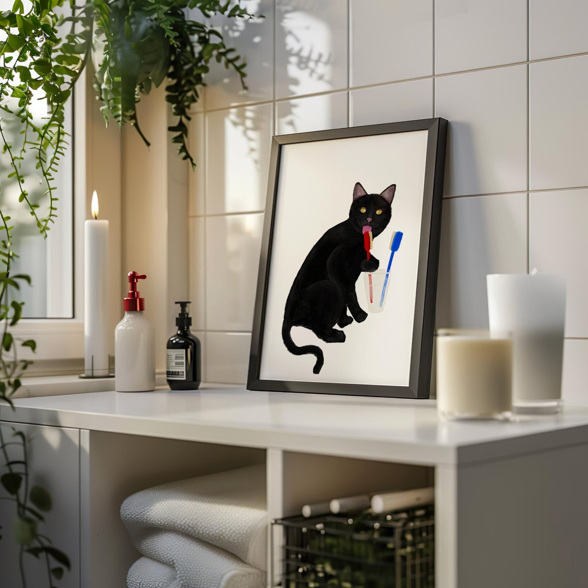 Black Cat with Toothbrushes – Fun Bathroom Cat Art Print - MerikaArt