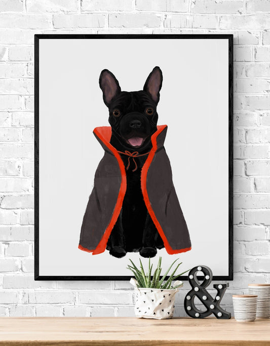 Black French Bulldog with Costume Print, Halloween Dog Painting, Spooky Dog Artwork, Holiday Wall Art, Fall Autumn Wall Print - MerikaArt