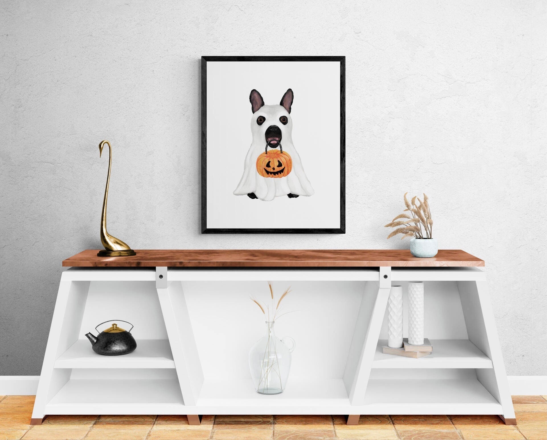 Black French Bulldog with Ghost Costume Print, Halloween Dog Painting, Jack o Lantern, Holiday Wall Art, Fall Autumn Wall Print - MerikaArt