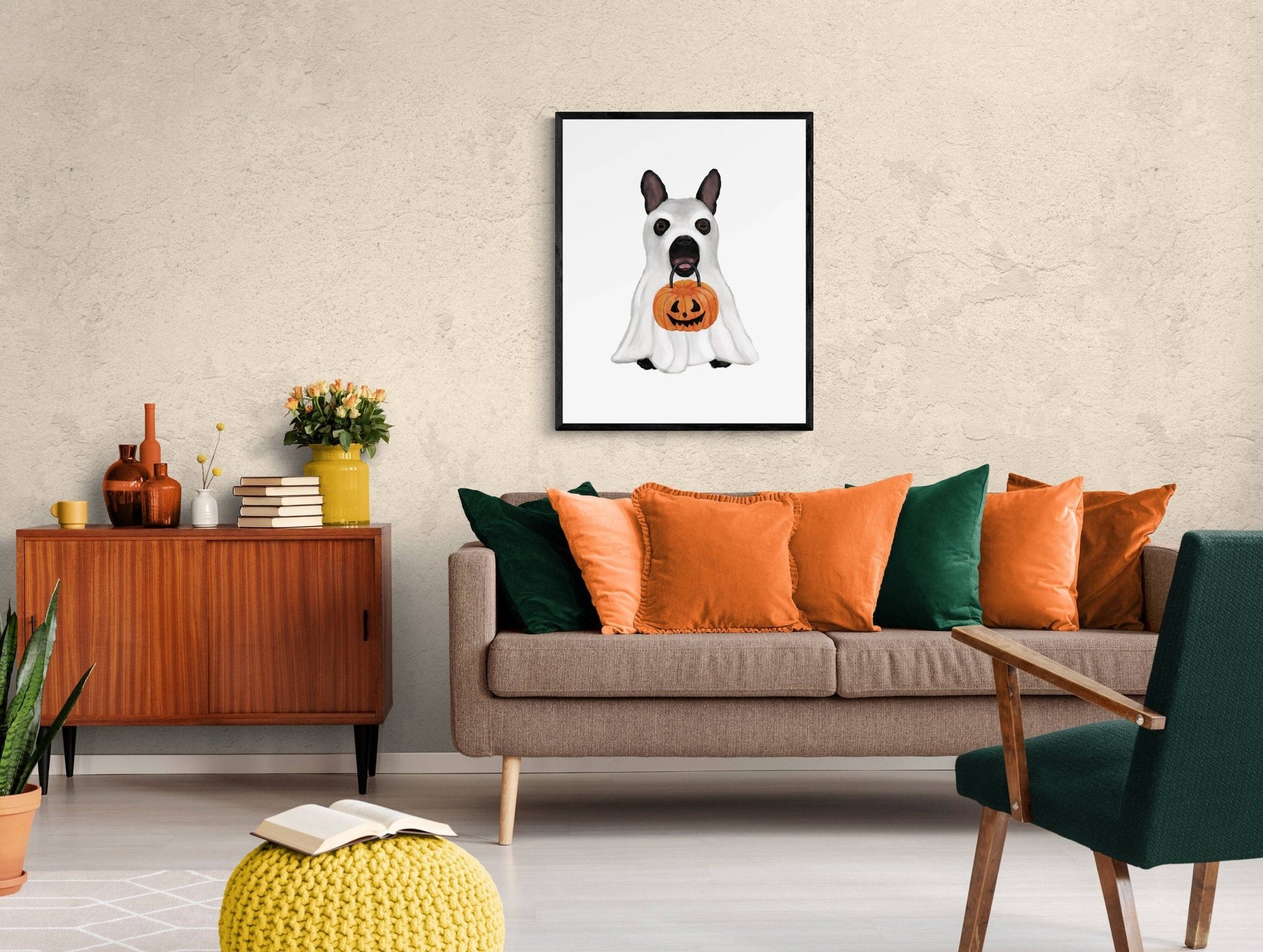 Black French Bulldog with Ghost Costume Print, Halloween Dog Painting, Jack o Lantern, Holiday Wall Art, Fall Autumn Wall Print - MerikaArt