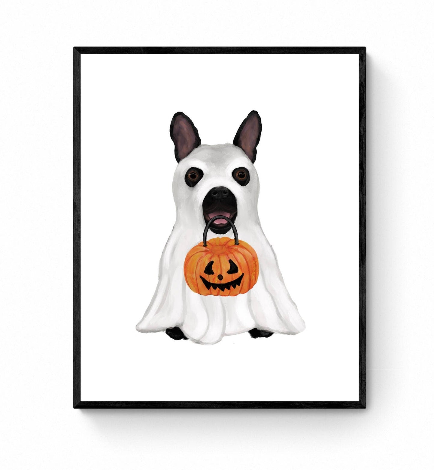 Black French Bulldog with Ghost Costume Print, Halloween Dog Painting, Jack o Lantern, Holiday Wall Art, Fall Autumn Wall Print - MerikaArt