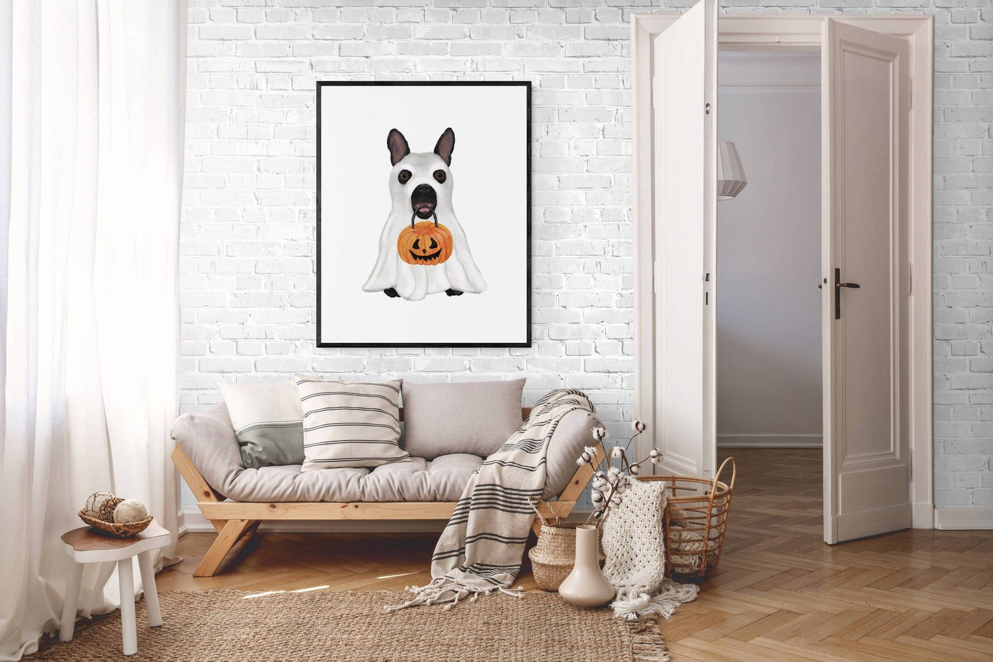 Black French Bulldog with Ghost Costume Print, Halloween Dog Painting, Jack o Lantern, Holiday Wall Art, Fall Autumn Wall Print - MerikaArt