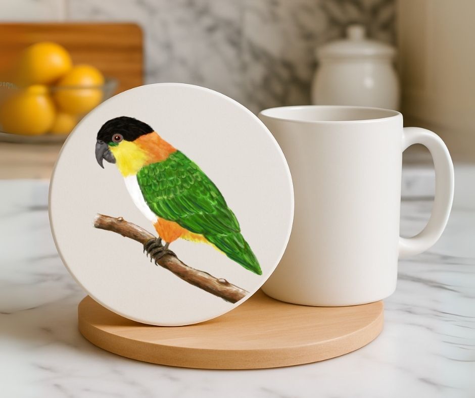 Black - headed Caique Ceramic Coaster - MerikaArt