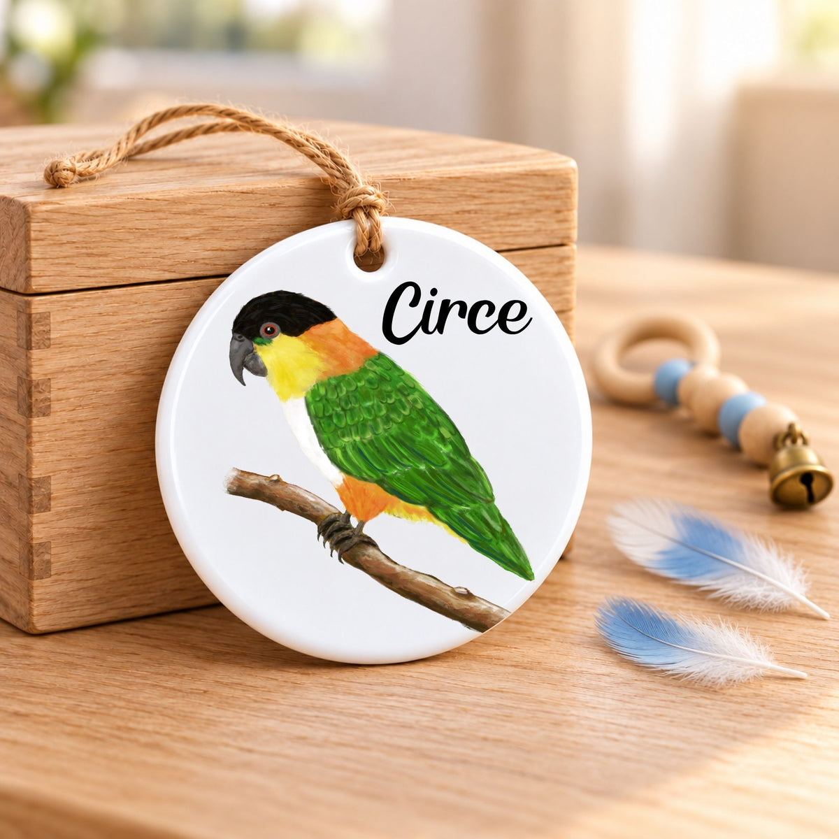 Black Headed Caique on Branch Ceramic Ornament - MerikaArt