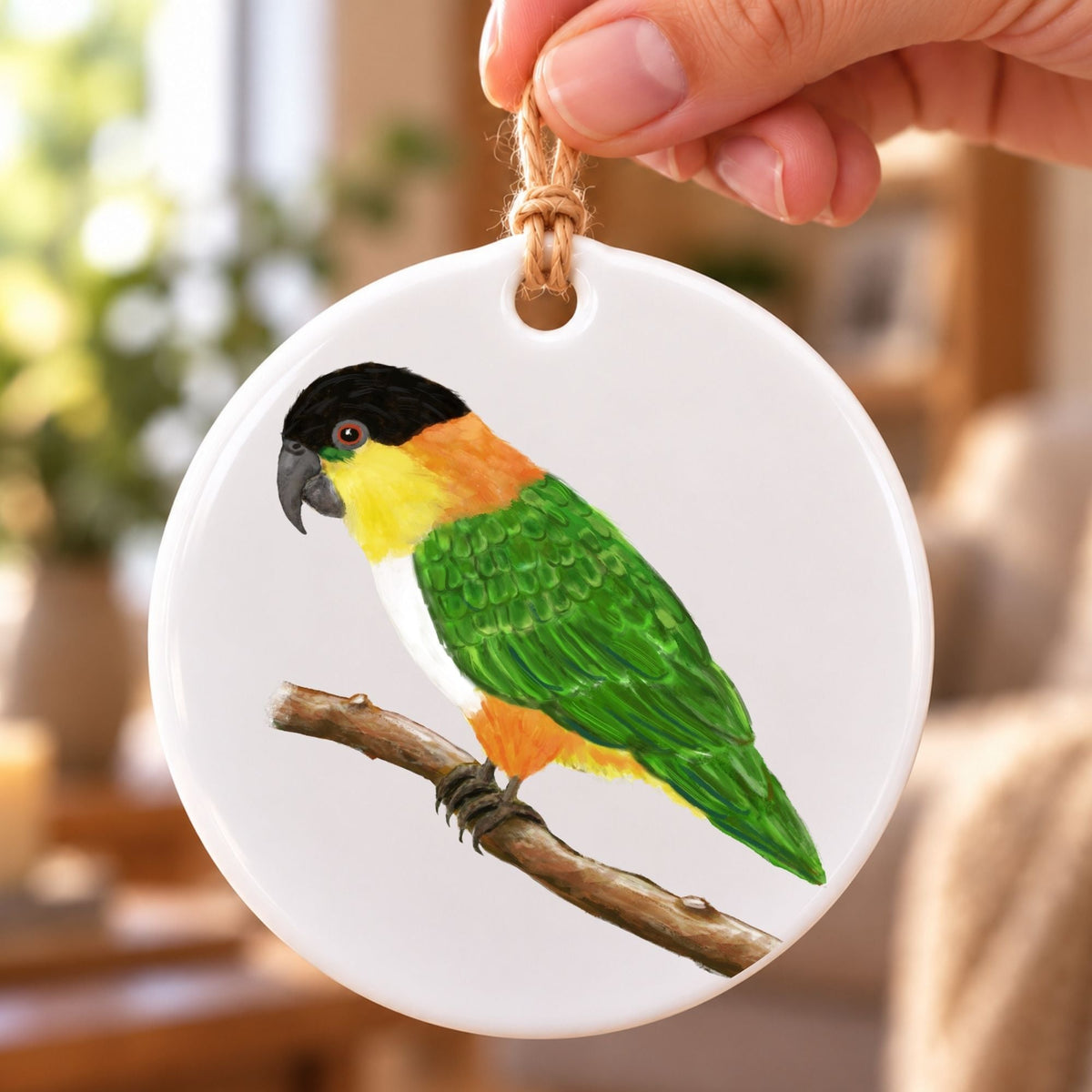 Black Headed Caique on Branch Ceramic Ornament - MerikaArt