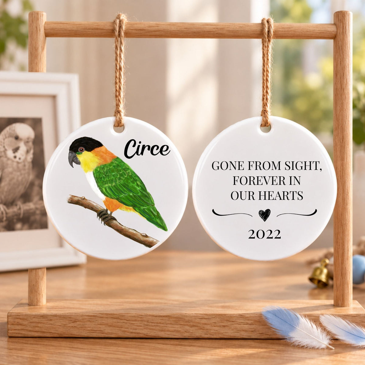 Black Headed Caique on Branch Ceramic Ornament - MerikaArt