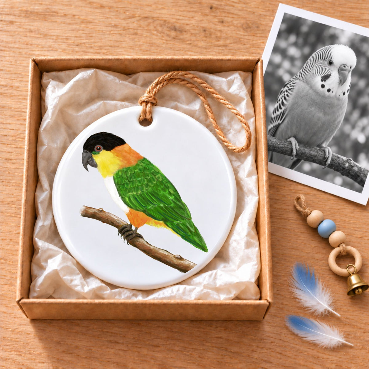 Black Headed Caique on Branch Ceramic Ornament - MerikaArt
