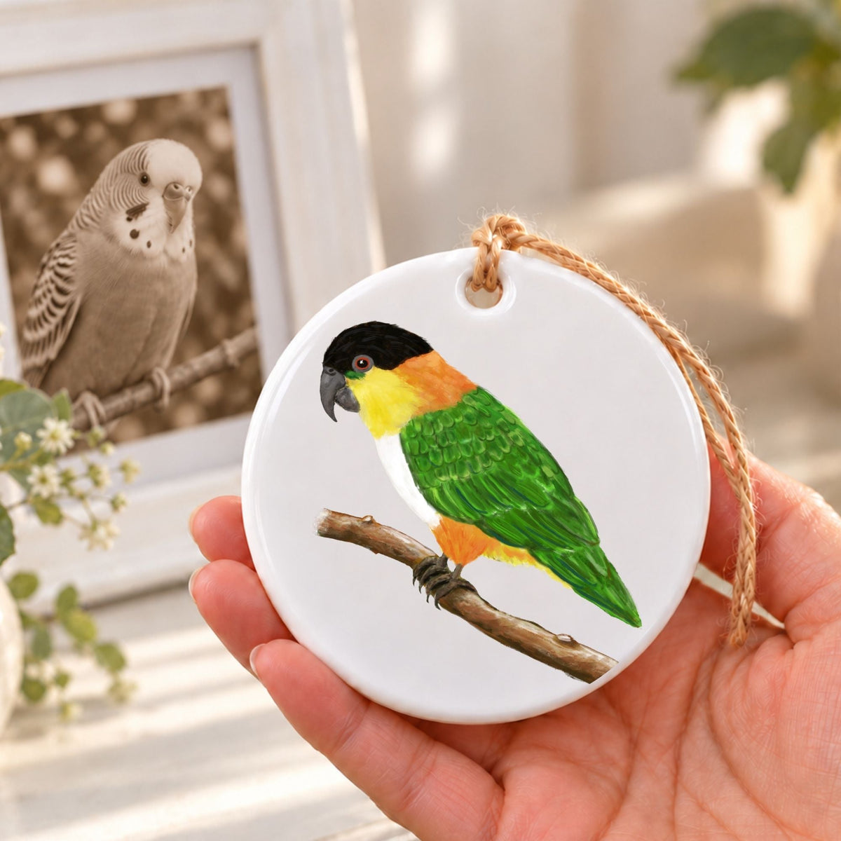Black Headed Caique on Branch Ceramic Ornament - MerikaArt