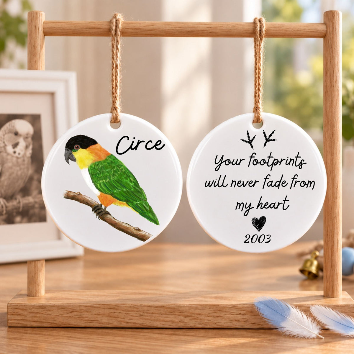 Black Headed Caique on Branch Ceramic Ornament - MerikaArt