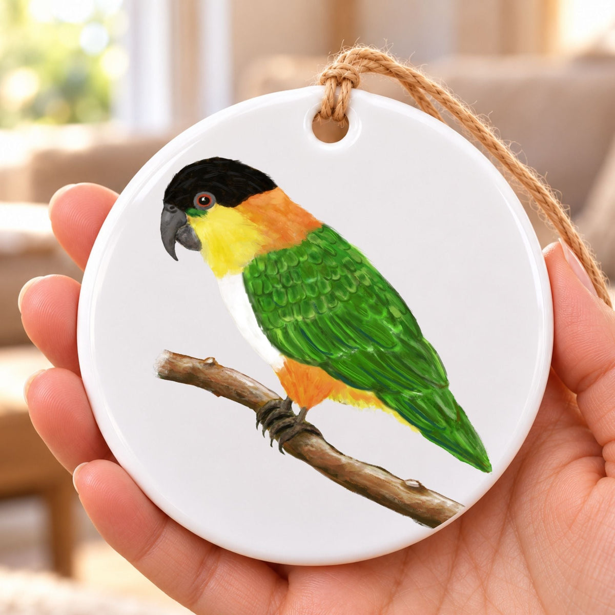 Black Headed Caique on Branch Ceramic Ornament - MerikaArt