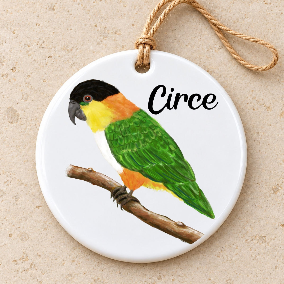 Black Headed Caique on Branch Ceramic Ornament - MerikaArt