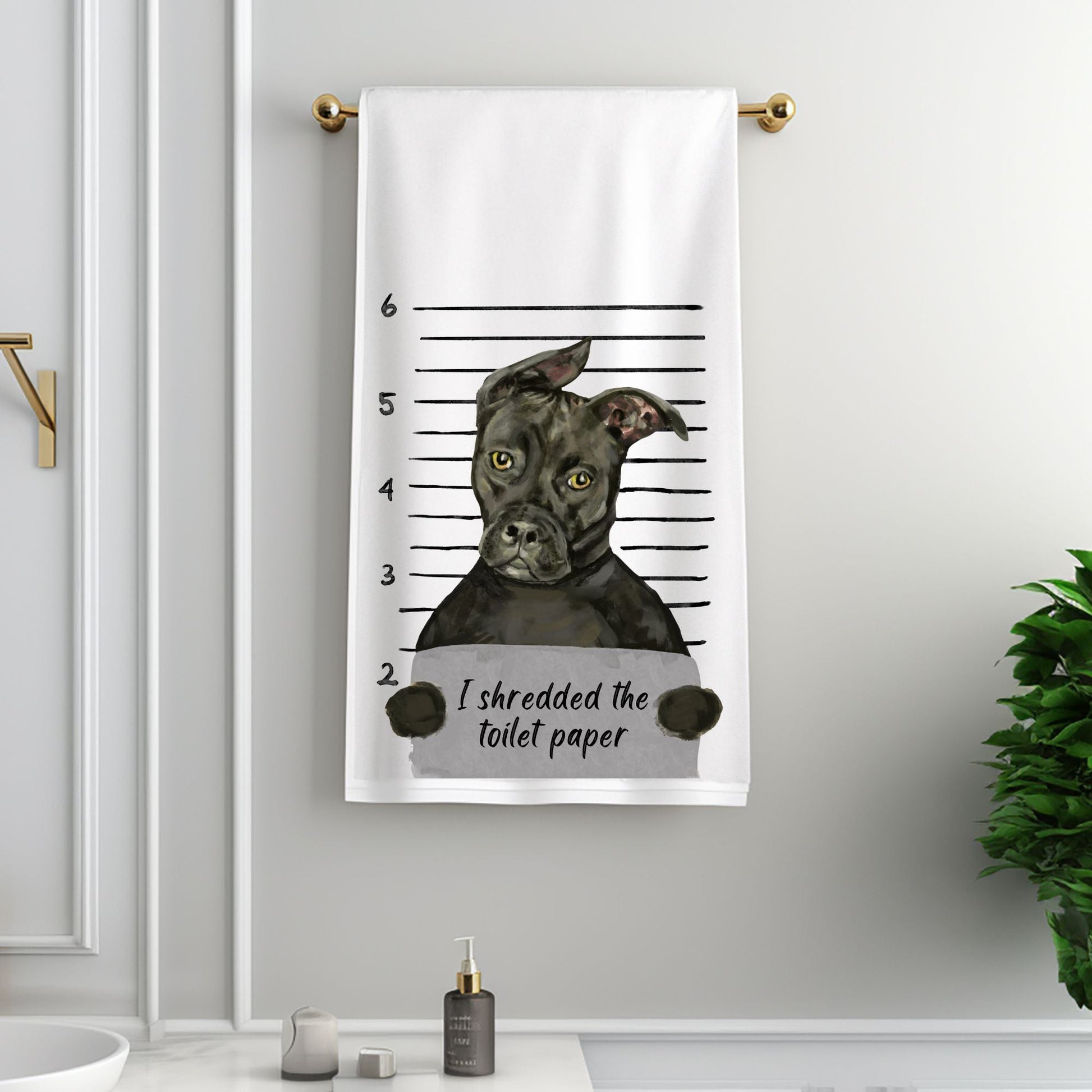 Black Pitbull Mugshot Bathroom Towel - MerikaArt