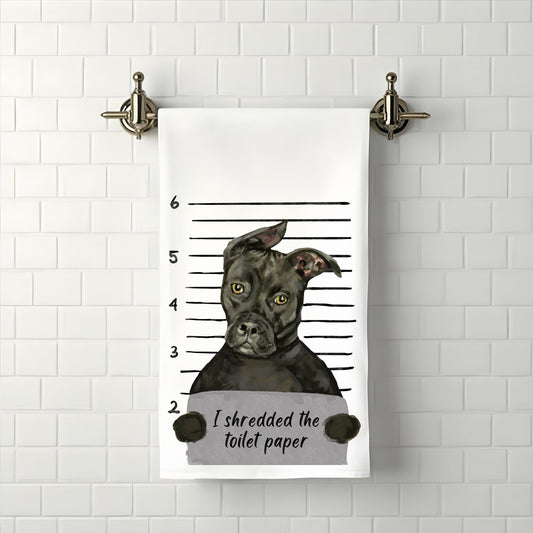 Black Pitbull Mugshot Bathroom Towel - MerikaArt