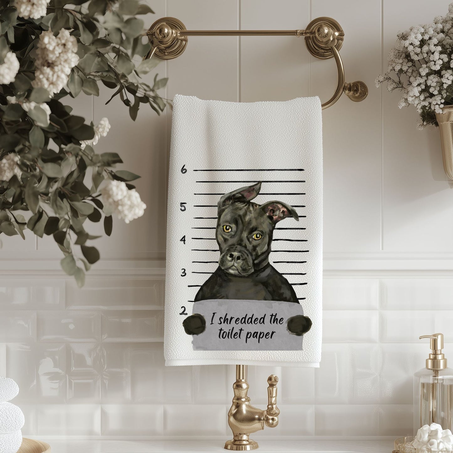 Black Pitbull Mugshot Bathroom Towel - MerikaArt